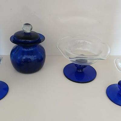 Princess House Crystal Sapphire Cobalt Blue pedestal bowl, 3” Pillar Candle Holders set, and a blue glass lidded dish, PartyLite candles