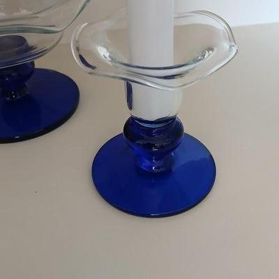 Princess House Crystal Sapphire Cobalt Blue pedestal bowl, 3” Pillar Candle Holders set, and a blue glass lidded dish, PartyLite candles