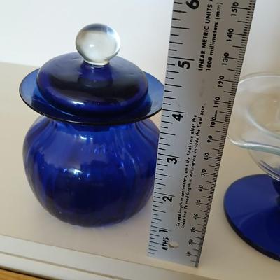 Princess House Crystal Sapphire Cobalt Blue pedestal bowl, 3” Pillar Candle Holders set, and a blue glass lidded dish, PartyLite candles