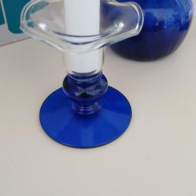 Princess House Crystal Sapphire Cobalt Blue pedestal bowl, 3” Pillar Candle Holders set, and a blue glass lidded dish, PartyLite candles