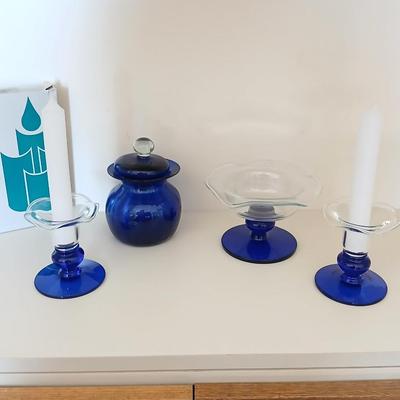 Princess House Crystal Sapphire Cobalt Blue pedestal bowl, 3” Pillar Candle Holders set, and a blue glass lidded dish, PartyLite candles