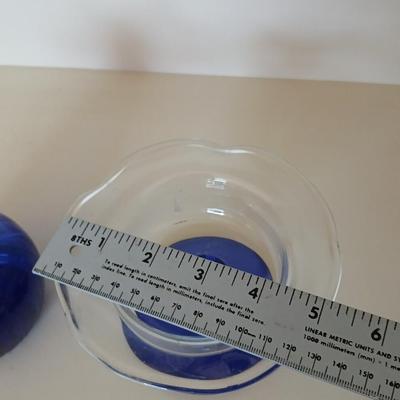 Princess House Crystal Sapphire Cobalt Blue pedestal bowl, 3” Pillar Candle Holders set, and a blue glass lidded dish, PartyLite candles