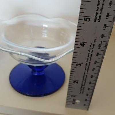 Princess House Crystal Sapphire Cobalt Blue pedestal bowl, 3” Pillar Candle Holders set, and a blue glass lidded dish, PartyLite candles