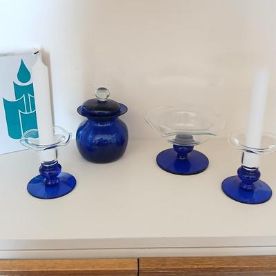 Princess House Crystal Sapphire Cobalt Blue pedestal bowl, 3” Pillar Candle Holders set, and a blue glass lidded dish, PartyLite candles