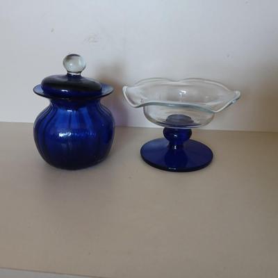 Princess House Crystal Sapphire Cobalt Blue pedestal bowl, 3” Pillar Candle Holders set, and a blue glass lidded dish, PartyLite candles