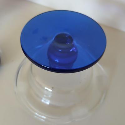 Princess House Crystal Sapphire Cobalt Blue pedestal bowl, 3” Pillar Candle Holders set, and a blue glass lidded dish, PartyLite candles