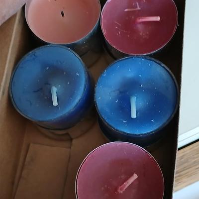 Pair of Black metal Iron Scroll Candelabras with PartyLite Purple Frosted Tulip Glass Shades and boxes of Party Lite candles