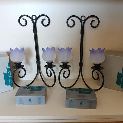 Pair of Black metal Iron Scroll Candelabras with PartyLite Purple Frosted Tulip Glass Shades and boxes of Party Lite candles