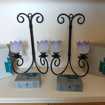 Pair of Black metal Iron Scroll Candelabras with PartyLite Purple Frosted Tulip Glass Shades and boxes of Party Lite candles