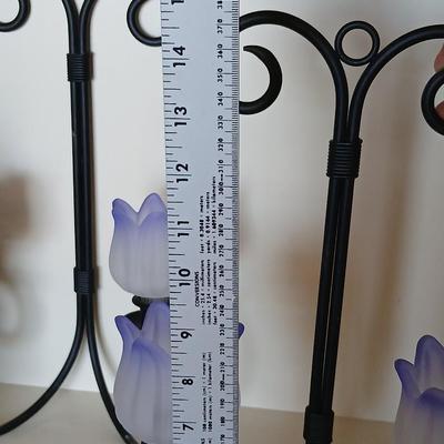 Pair of Black metal Iron Scroll Candelabras with PartyLite Purple Frosted Tulip Glass Shades and boxes of Party Lite candles