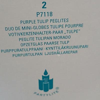 Pair of Black metal Iron Scroll Candelabras with PartyLite Purple Frosted Tulip Glass Shades and boxes of Party Lite candles