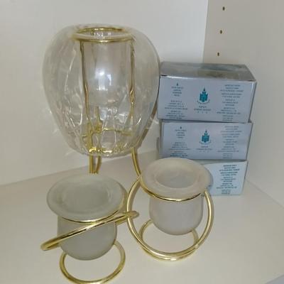 Elegant Gold Candle Holder Trio + Votive Lot