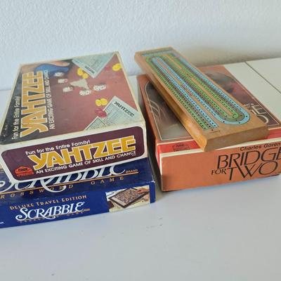 Vintage Board Game Lot – Yahtzee, Scrabble, Cribbage & Bridge for Two