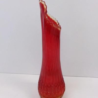 L. E.. Fire Orange Ribbed Swung Glass Vase Approx 17" Tall #16