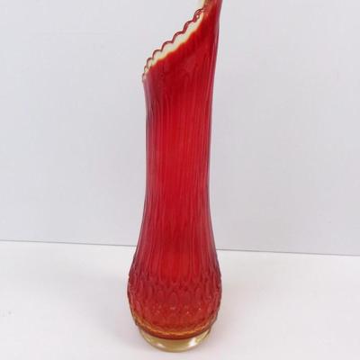 L. E.. Fire Orange Ribbed Swung Glass Vase Approx 17" Tall #16