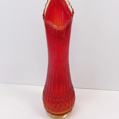 L. E.. Fire Orange Ribbed Swung Glass Vase Approx 17" Tall #16