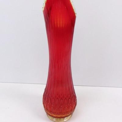 L. E.. Fire Orange Ribbed Swung Glass Vase Approx 17" Tall #16