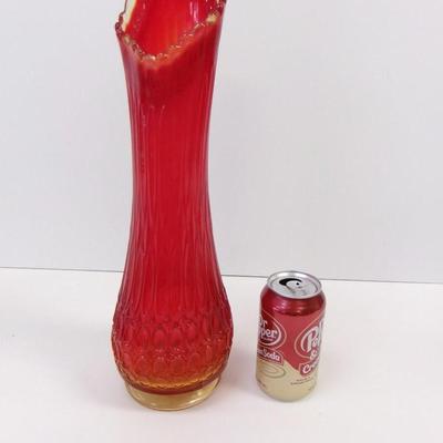 L. E.. Fire Orange Ribbed Swung Glass Vase Approx 17" Tall #16