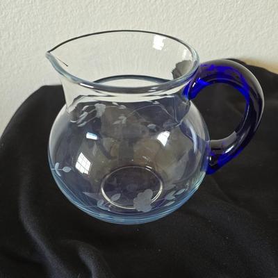 Beautiful, retired Princess House Heritage sapphire pitcher and mugs with Cobalt Blue Glass Bowl