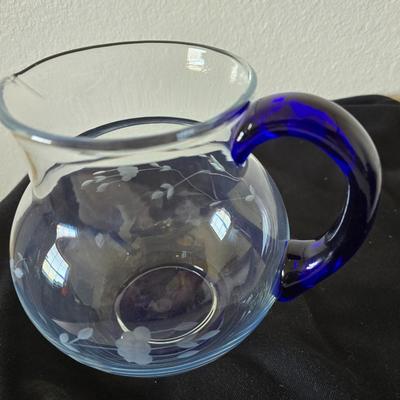 Beautiful, retired Princess House Heritage sapphire pitcher and mugs with Cobalt Blue Glass Bowl