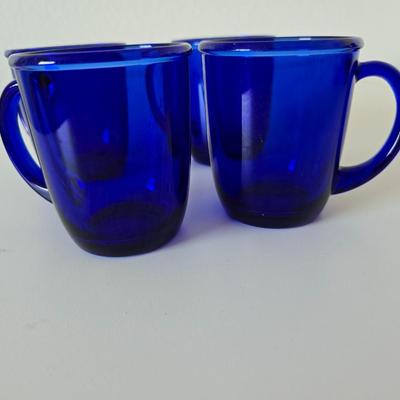 Beautiful, retired Princess House Heritage sapphire pitcher and mugs with Cobalt Blue Glass Bowl