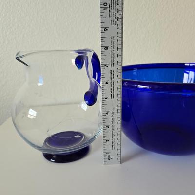 Beautiful, retired Princess House Heritage sapphire pitcher and mugs with Cobalt Blue Glass Bowl