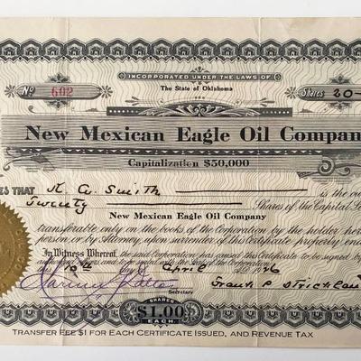 1926 New Mexican Eagle Oil Company Signed Stock Share Certificate