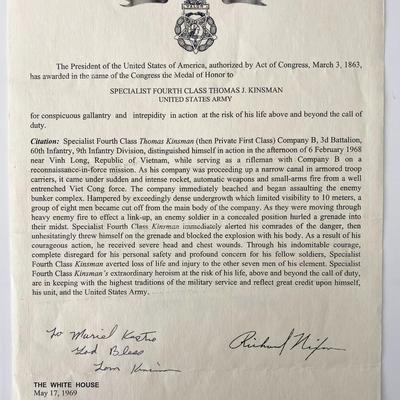 Medal of Honor Recipient Thomas James Kinsman and Richard Nixon signed letter