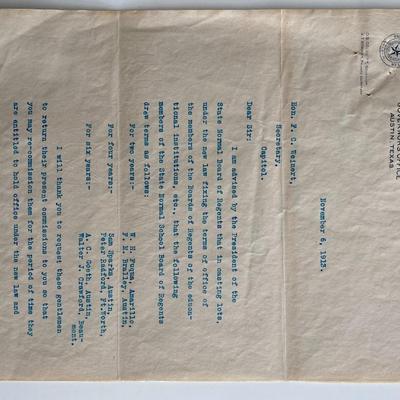 Governor of Texas Oscar Branch Colquitt 1914 signed letter
