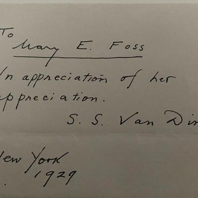 1929 S. Critic S. Van Dine aka Willard Huntington Wright signed note