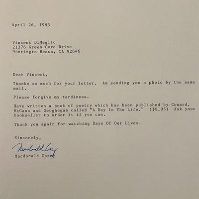 Macdonald Carey signed personal letter