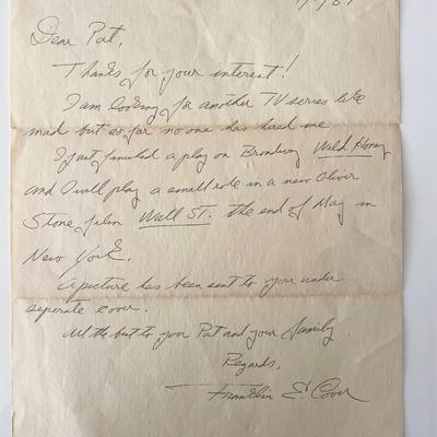 Actor Franklin Cover signed letter