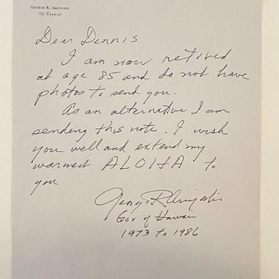 Governor of Hawaii George Ariyoshi signed letter