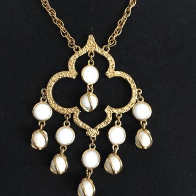 Vintage, gold, toned, white milk, glass, caged, waterfall statement, necklace