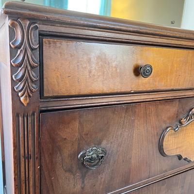 Ornate Antique Carved Wood Dresser Chest of Drawers w Wall Mirror