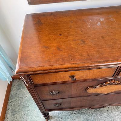 Ornate Antique Carved Wood Dresser Chest of Drawers w Wall Mirror