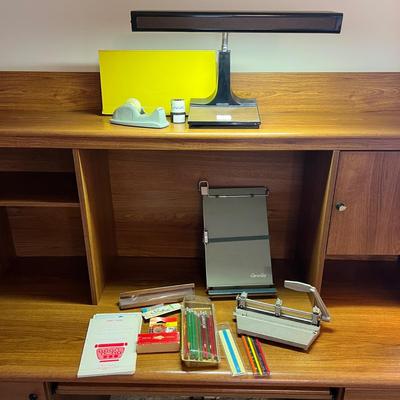 Vintage MCM Office Lot - Cast Iron Lepage, Underwriters Lab. Lamp, Cop e Eez, Skilcraft