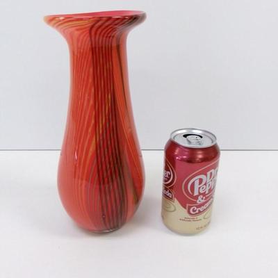Pulled Feather Red & Black Swirl Glass Vase Approx 10" Tall #32