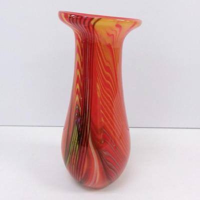 Pulled Feather Red & Black Swirl Glass Vase Approx 10" Tall #32