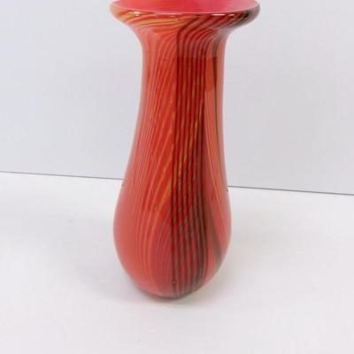 Pulled Feather Red & Black Swirl Glass Vase Approx 10" Tall #32