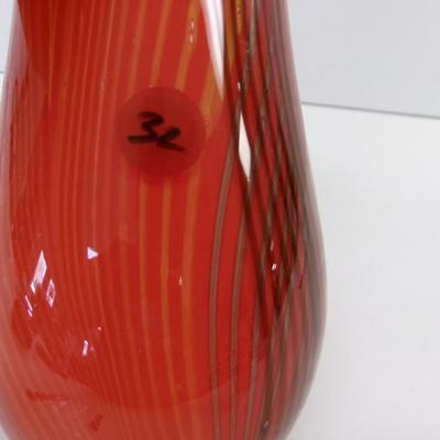 Pulled Feather Red & Black Swirl Glass Vase Approx 10" Tall #32