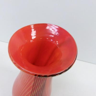 Pulled Feather Red & Black Swirl Glass Vase Approx 10" Tall #32