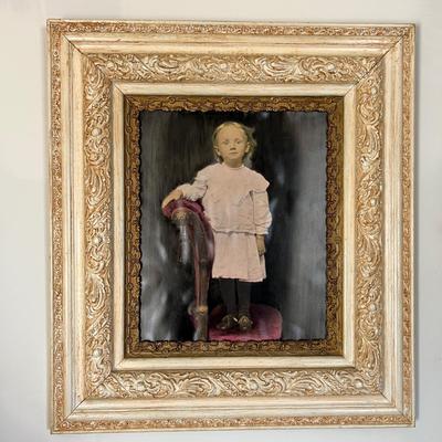 Large Ornate Solid Wood Frame w Antique Hand-Coloring Photo