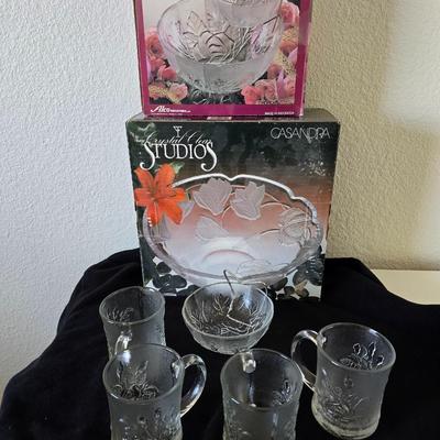 Vintage Glass Party Sets – "Rose dip bowl + "Casandra" Bowl w/ Pasari Liva Pressed Clear Mug Roses Frosted Indonesia Mugs