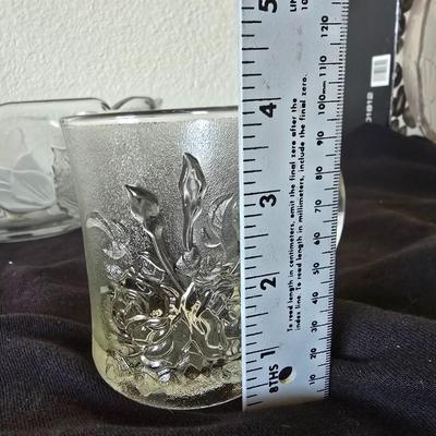 Vintage Glass Party Sets – "Rose dip bowl + "Casandra" Bowl w/ Pasari Liva Pressed Clear Mug Roses Frosted Indonesia Mugs