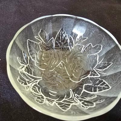 Vintage Glass Party Sets – "Rose dip bowl + "Casandra" Bowl w/ Pasari Liva Pressed Clear Mug Roses Frosted Indonesia Mugs