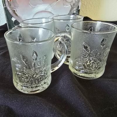 Vintage Glass Party Sets – "Rose dip bowl + "Casandra" Bowl w/ Pasari Liva Pressed Clear Mug Roses Frosted Indonesia Mugs