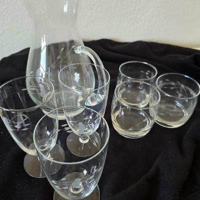 Princess House Heritage Clear Glass Pitcher with 3 princess house stemware glasses and 3 Juice glasses