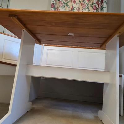 Farmhouse Style Wooden Kitchen Table /breakfast nook table– Natural Wood Top & White Base with bench seating and corner bench seat