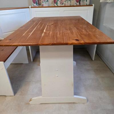 Farmhouse Style Wooden Kitchen Table /breakfast nook table– Natural Wood Top & White Base with bench seating and corner bench seat
